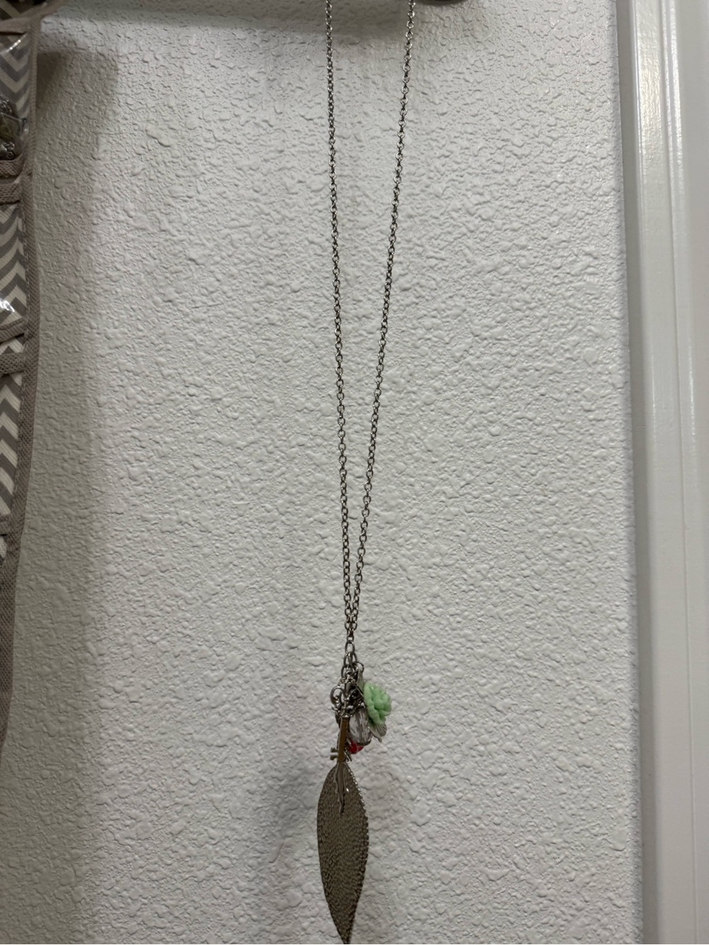 Silver Leaf Pendant Necklace with Green and Red Accents